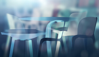 Abstract background featuring translucent blue and teal chairs and tables with subtle light effects, creating a modern and ethereal design with blurred elements and soft focus.