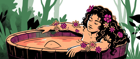 Beautiful illustrated woman with curly hair relaxes in a wooden hot tub, her eyes closed in a moment of serene self-care surrounded by pink flowers and lush green nature