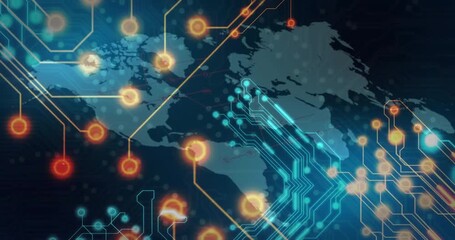 Animation of digital network connections overlaying world map with circuit patterns - Powered by Adobe