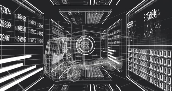 In school, animation of futuristic wireframe truck with digital data and numbers