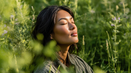 Mindful Woman Embracing Nature's Wellness in Spring Greenery