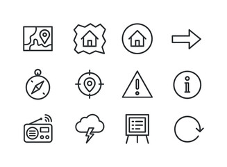 Evacuation Icons Set. evacuation center. Line icon set of evacuation center: hazard map, danger zone icon, safe zone icon, route arrow, compass symbol, GPS