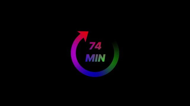 Colorful timer 74 minutes countdown gradient arc with red arrow black background colorful red arrow