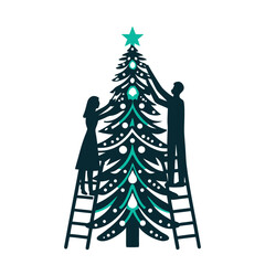 Couple Decorating Christmas Tree with Star and Ornaments Vector