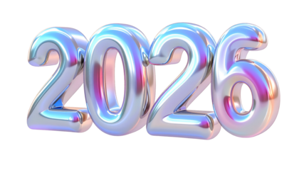 Shiny, metallic 3D text "2026" with a subtle, colorful reflection