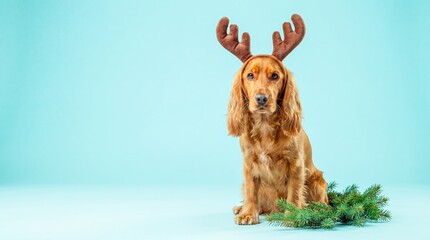 A dog wearing antlers is sitting on a blue background. The dog is wearing a festive outfit, which suggests that it is celebrating a holiday or special occasion