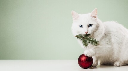 A white cat is playing with a red Christmas ornament. The cat is holding the ornament in its mouth and he is enjoying itself. The scene is playful and festive