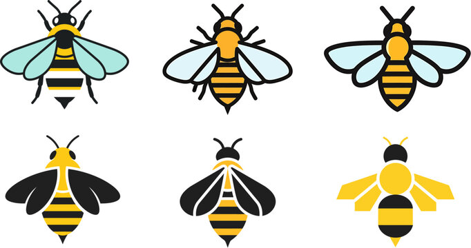 Collection of six stylized bee illustrations in various poses and colors, perfect for graphic design projects