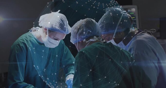 Performing surgery, surgeons with network connections and data processing animation overlay