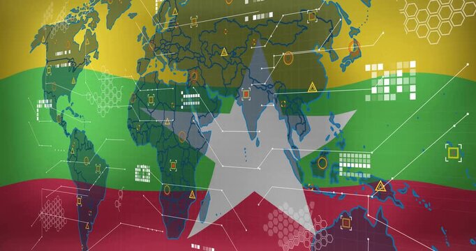 Animation of world map with digital data elements on colorful flag-themed background