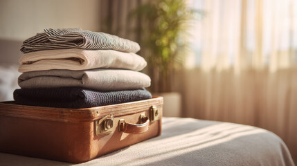 Travel Preparation with Neatly Folded Clothes in Vintage Suitcase