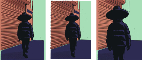 Mysterious person in a wide hat and puffy jacket walking away in a comic book style illustration triptych with a cinematic, noir aesthetic and flat colors
