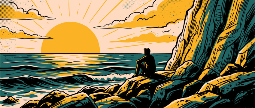Graphic illustration of a silhouetted person sitting on a rocky cliff watching the golden sun set over the tranquil ocean waves in a serene, contemplative scene