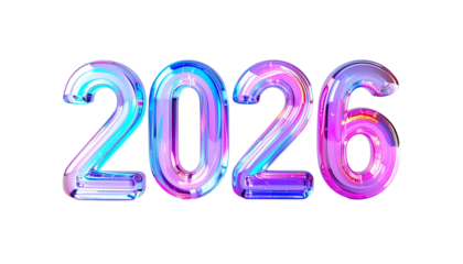 Shiny, iridescent 2026 numerals on a transparent background