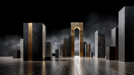 A set of modern and ancient architectural buildings made of black and gold stone blocks, placed on the floor in an empty space. Architectural symbols of cultural heritage preservation. 