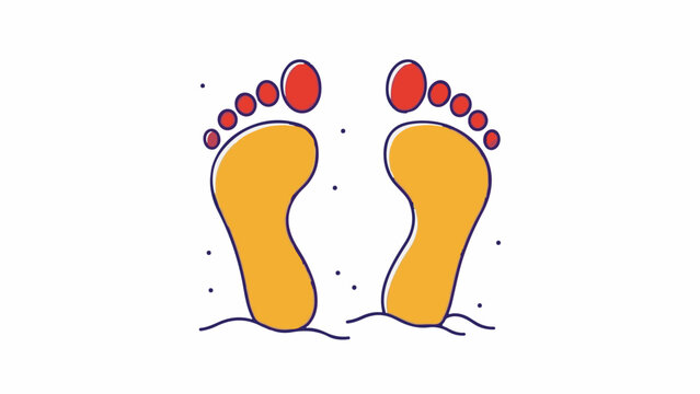Stylized, orange footprints with red toes rest on wavy lines against a white background with scattered dots