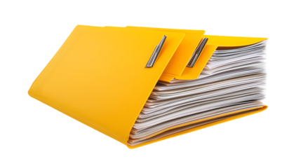 A stack of organized documents in yellow folders on a black background