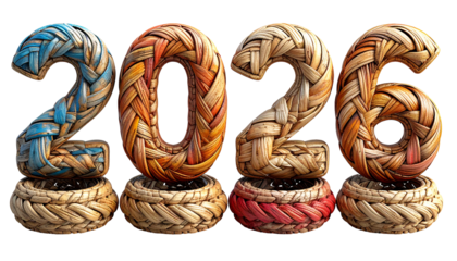 Colorful woven digits spelling "2026" atop textured basket-like bases