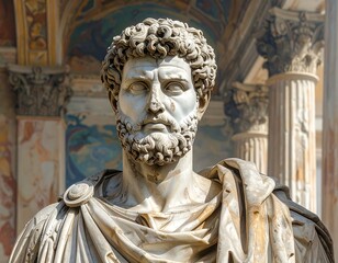 Marble bust of a curly-haired man with a stern expression in front of architecture