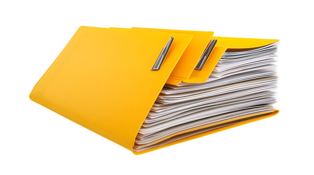 A stack of organized documents in yellow folders on a black background