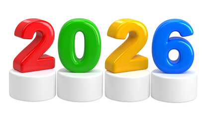 Colorful 3D numerical digits spelling "2026" on white cylindrical pedestals