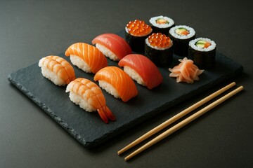 Assorted sushi including nigiri with salmon, tuna, shrimp and various maki rolls on slate plate with chopsticks on dark background. Ai generative