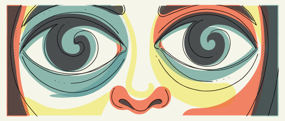 Abstract illustrated face with large hypnotic spiral eyes in a modern, graphic style with muted retro colors and delicate linework, conveying a surreal and introspective mood