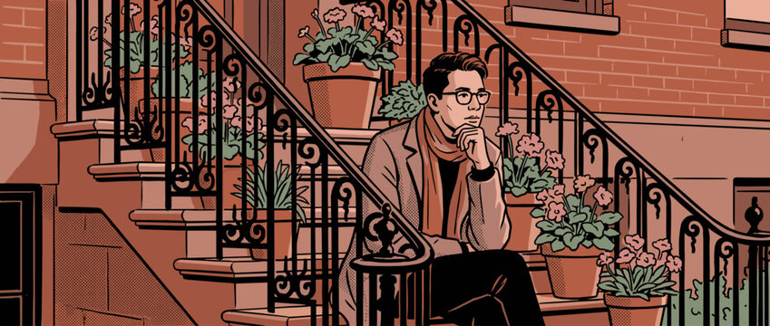 Pensive young man with glasses and a scarf sits thoughtfully on an urban stoop, surrounded by potted flowers and an ornate railing in a detailed comic book style illustration