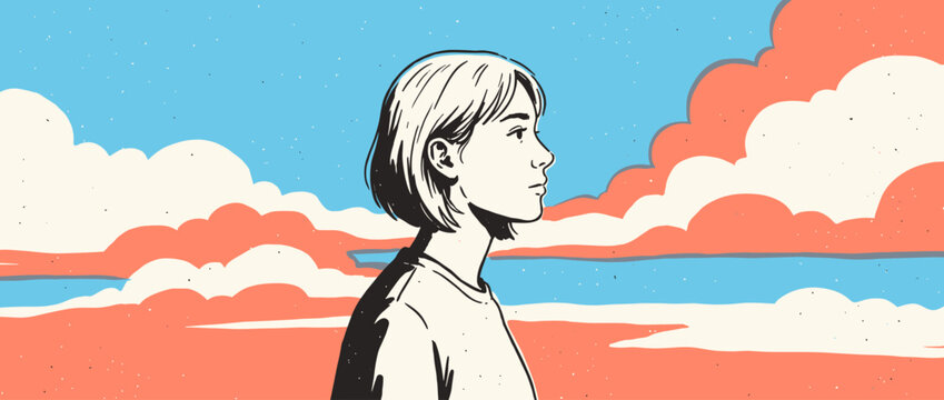Young woman with short hair gazes forward with a pensive expression in a beautiful, hand-drawn graphic novel style illustration against a colorful sunset sky