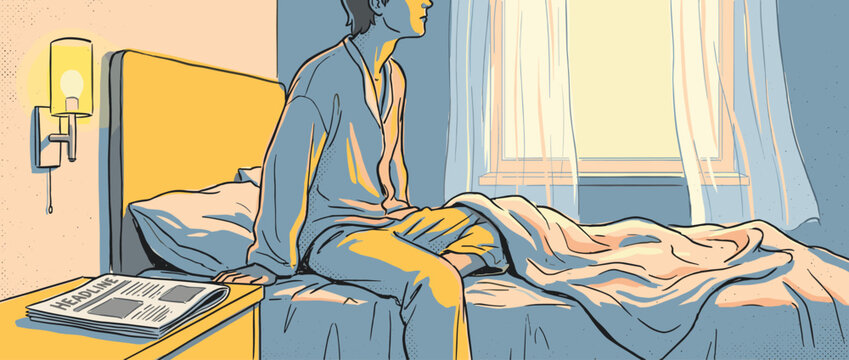 Pensive person in blue pajamas sits on the edge of a bed in a sunlit room, looking thoughtfully towards the window in a comic book style illustration with halftone shading