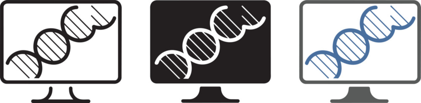 Computer monitor displaying dna sequence icon set including line silhouette and colored art