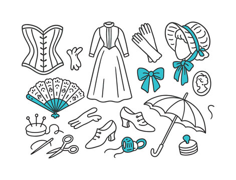 Victorian Fashion Icons. Victorian Fashion. Hand-drawn doodle illustration Victorian Fashion corset (accented), long skirt, lace fan (accented), gloves, bonnet
