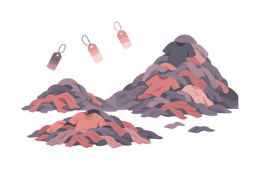 Fast Fashion Waste. Fast fashion waste. Piles of discarded clothes form abstract hills, floating price tags fading out. Soft gradients hint at overproduction.