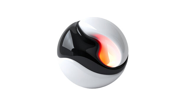 A glossy sphere with white, black, and orange wave designs on a black background