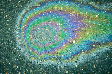 Oil Slick Creates Colorful Pattern on Asphalt Surface During Daytime in Urban Setting