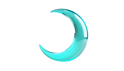 A stylized crescent moon, rendered in translucent turquoise, isolated on black