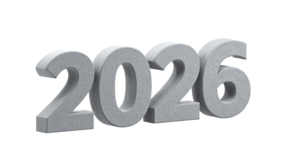3D-rendered, textured gray stone numbers form the year "2026