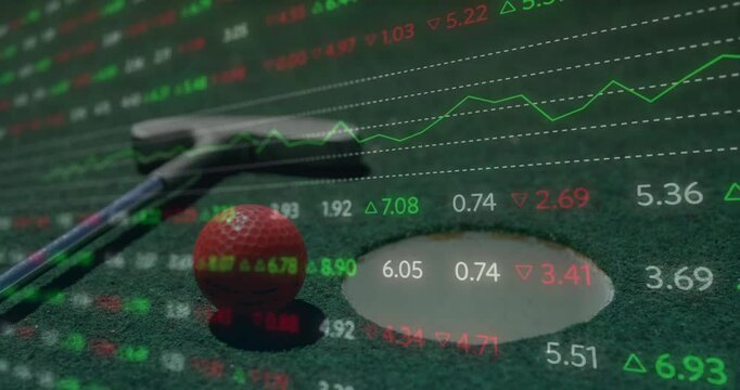 Textured red golf ball sitting near hole edge while silver putter aiming shot under finance overlay