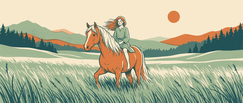 Young woman with long red hair rides a beautiful brown horse bareback through a grassy meadow with rolling hills and a forest in a serene, vintage illustration style