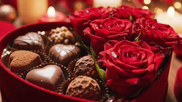 A red heartshaped box filled with various chocolates sits next to a bouquet of vibrant red roses with glowing candles and soft bokeh lights in the background