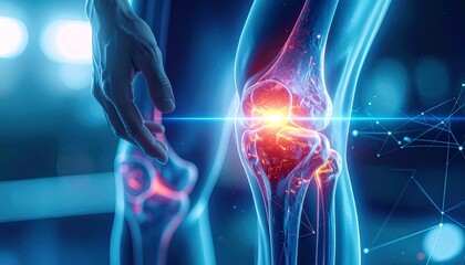 Digital illustration of a human knee joint with glowing red and orange inflammation, surrounded by blue anatomical details and a futuristic background.