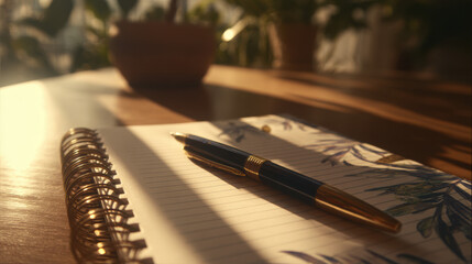 Calm Morning Workspace with Pen and Notebook in Soft Sunlight