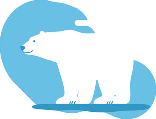 Adorable minimalist flat design illustration of a majestic white polar bear standing calmly upon a floating piece of ice or snow in arctic waters.