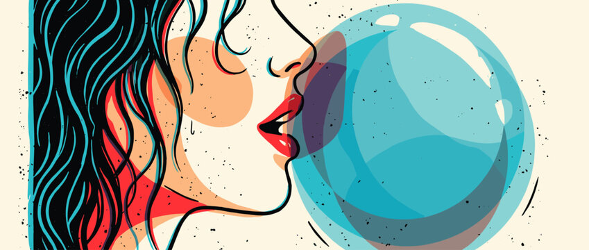 Stylish pop art illustration of a woman's face in profile blowing a large blue bubble from chewing gum, featuring bold lines, vibrant red lips, and a modern, playful aesthetic