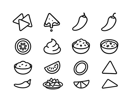 Loaded Nachos Icons. Loaded nachos. Line icon set of Loaded nachos: nacho chips, cheese drizzle, jalapeno, sour cream, salsa bowl, guacamole, tomato slice,