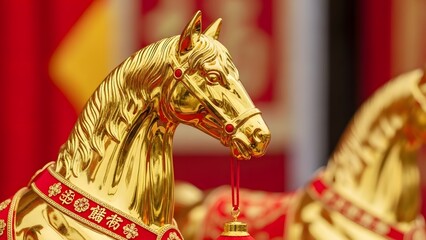 Close-up of a majestic golden horse statue with red decorative harness, symbolizing prosperity.