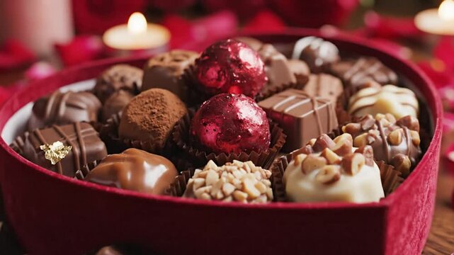 A red velvetcovered heartshaped box overflows with assorted gourmet chocolates surrounded by scattered rose petals and soft candlelight