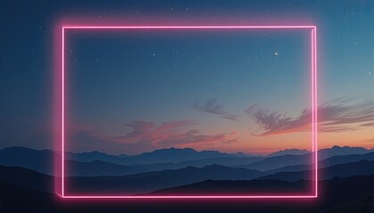 Vibrant pink neon frame glowing over stunning mountain landscape at dusk with starry night sky