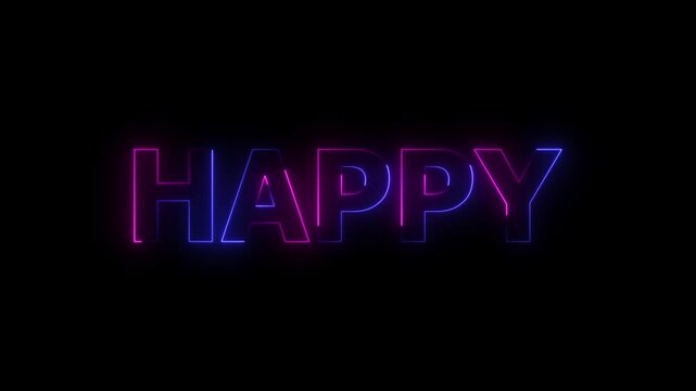 HAPPY text icon animation glowing neon pink and blue color font letter word banner sign template signboard poster clip art on black background