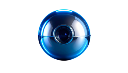 Shiny, futuristic, orb-shaped device with glowing blue accents and a lens